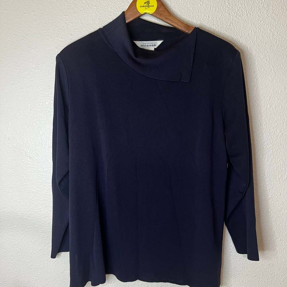 Exclusively Misook dark blue asymmetric collar blouse WOMENS XL
